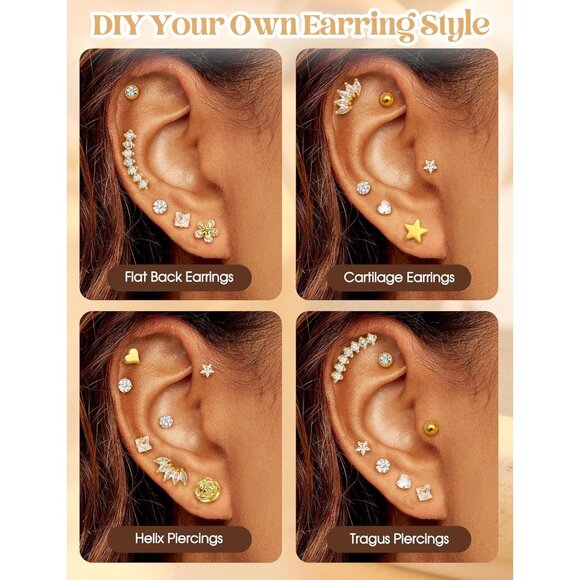 Budget 14-Pair Stainless Steel Hypoallergenic Stud Earrings Set in Gold Silver R - Picture 3 of 7